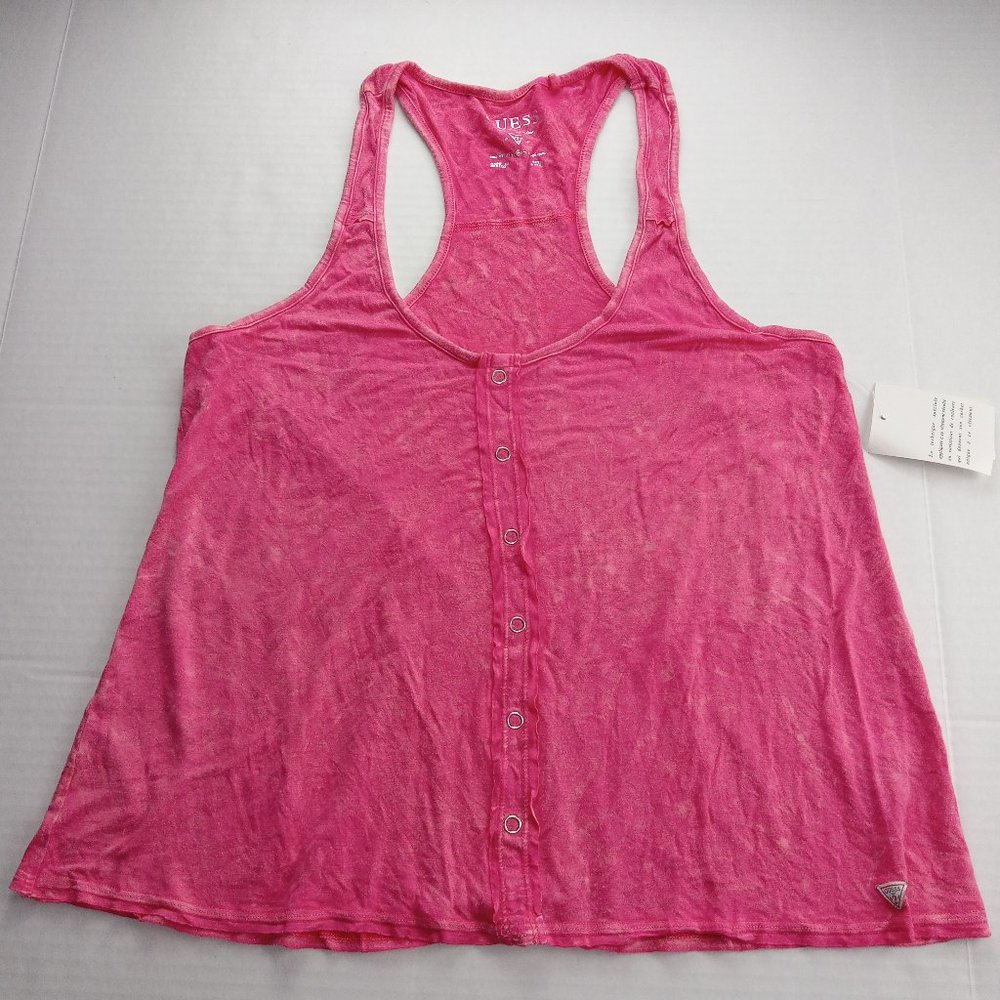 Guess Women's Faux Snap Front Racerback Tank Top Size Large Peaceful Pink Multi